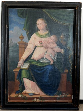 Ignoto "Madonna col bambino in un paesaggio" olio su tela (cm 130x90) In...
