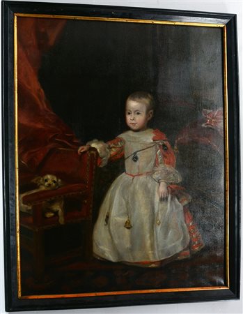 Scuola del sec. XVII "Ritratto di nobile bambina con poltrona e cagnolino"...