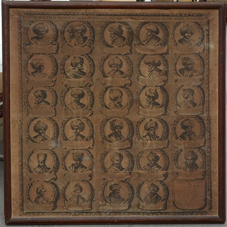 Grande incisione intelata raffigurante "Effige di tutti i gran Turchi da...