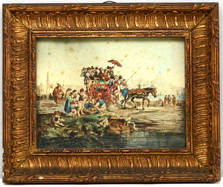 Da Consalvo Carelli "Scorcio napoletano con personaggi e Vesuvio sullo...