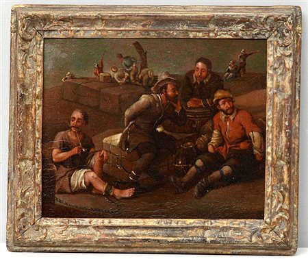 Antico dipinto raffigurante "Il riposo dei prigionieri", olio su tela (cm...