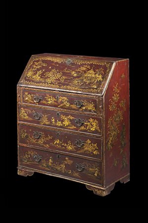 Ribalta laccata in rosso interamente decorata a cineserie in oro con fronte a...