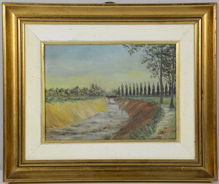 Ignoto "Paesaggio con canale" olio su cartoncino (cm 16,5x22,5) siglato...
