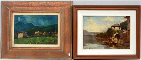 Lotto di due dipinti ad olio su tavola e cartone raffiguranti scorcio di lago...