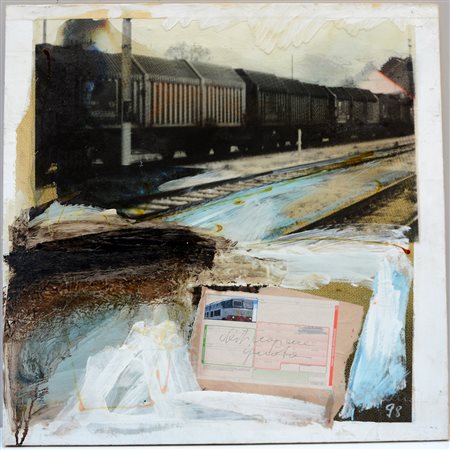 Firma indecifrata "Composizione astratta" 1998, tecnica mista e collage su...