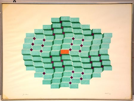 Firma indecifrata, "Senza titolo", 1974, litografia a colori (cm 45,5x61,5),...