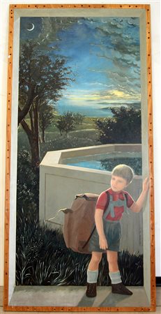 Marzoli Paola (1944) "Bambino con zaino e fontana" olio su legno (cm 190x90)...