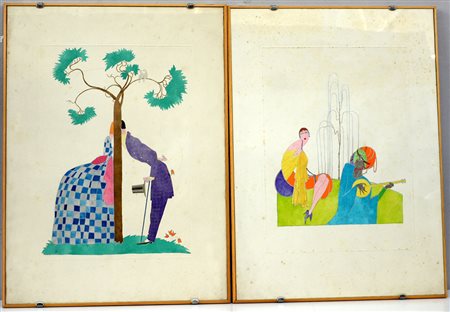 Arte dell'inizio del sec. XX. coppia di acquerelli raffiguranti scena galante...