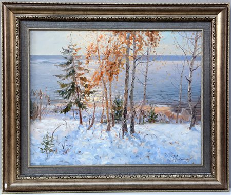Lukianov Vikentij "La prima neve" olio su tela (cm 55x70) Firmato in basso a...