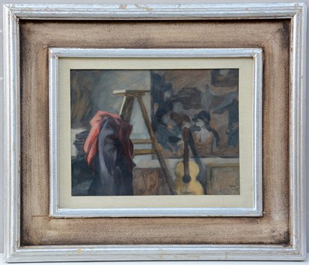 Firma indecifrata "Interno" 1965, olio su cartone (cm 30x40). In cornice