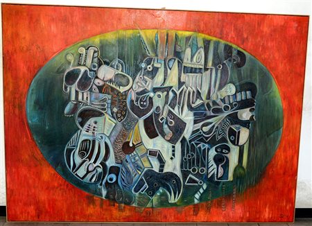 Petros "Il mondo meccanico" 1989, olio su tela (cm 130x180) firmato in basso...