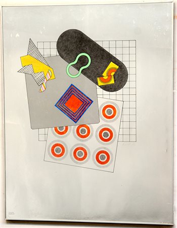 Arioli stampa offset su fondo argentato con figure geometriche, firmata e...