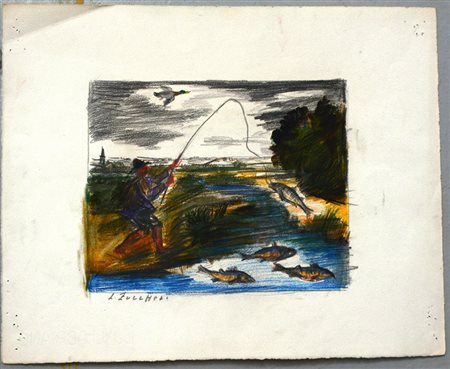 Zuccheri "Pescatore" pastello su carta (cm 34,5x43). Firmato in basso a...