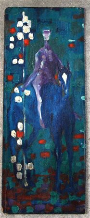 Giovanola Gianluigi (Milano 1923) "Cavaliere e cavallo", olio su cartone (cm...