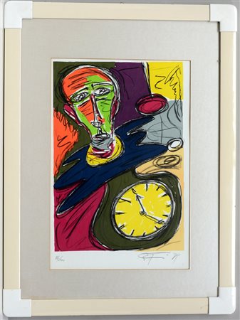 Firme indecifrata, "Composizione", litografia (foglio cm 67x48) firmata e...