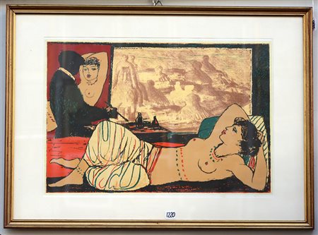 Ignoto, litografia a colori (cm 38x55 circa) raffigurante modella nello...