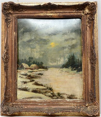 Ignoto, "Paesaggio fluviale", olio su cartone pressato (cm 49x40), in cornice...