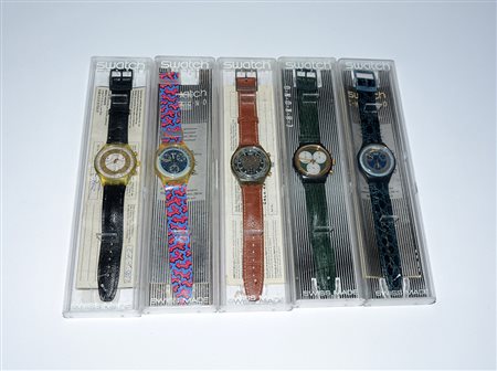 Lotto di cinque orologi da polso di marca Swatch, modello Chrono, meccanismo...