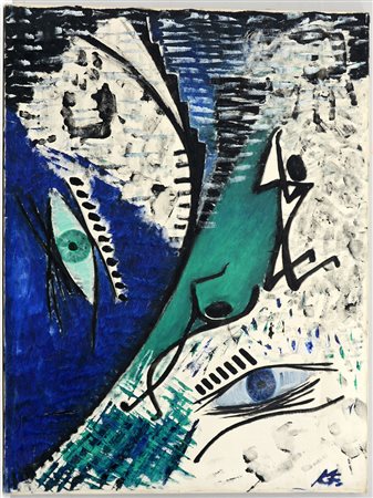 Firma indecifrata, "Composizione", tecnica mista su tela (cm 60x80) siglato...