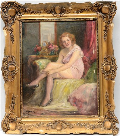Geiger R. "La modella", olio su tela (cm 50x40) firmato in basso a sinistra,...