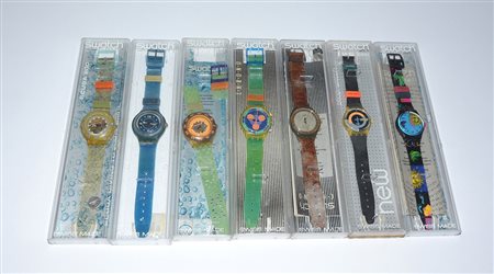 Lotto di sette orologi da polso di marca Swatch, modelli solotempo, Scuba e...