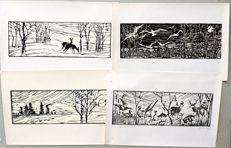 Giulio Rossi Lotto di quattro xilografie con scene naturalistiche (cm 33x50)...