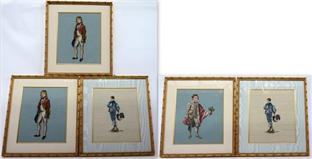 Gruppo di cinque ricami a piccolo punto raffiguranti personaggi d'epoca (cm...