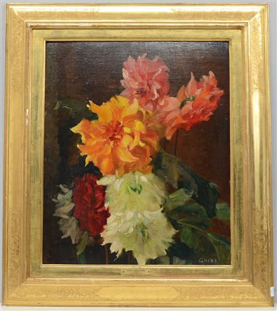 Guglielmo Ghini "Dalie" olio su tela applicata a cartone (cm 54.5x45) Firma...