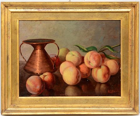 firma indecifrata "Composizione con frutta" olio su cartone (cm 29x30)...