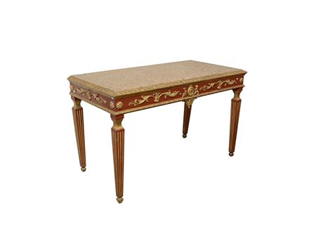 Antica consolle "Luigi XVI" in legno laccato rosso e dorato. Fascia decorata...