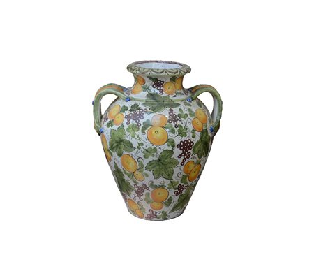 Manifattura Centro Italia. Vaso biansato in terracotta smaltato con foglie di...