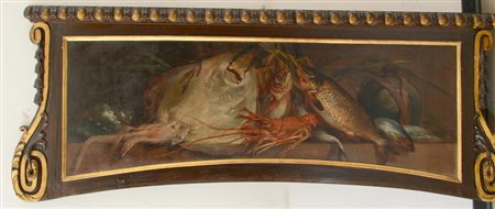 Ignoto "Pescato" olio su tela (cm 40x127) In cornice in legno laccato...