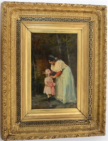 Firma indecifrata "Nel giardino" olio su tavola (cm 52x32) firmato in basso a...