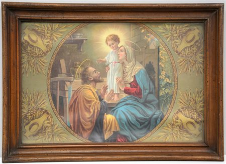Antica cornice contenente un'oleografia su tela raffigurante "Sacra famiglia"...