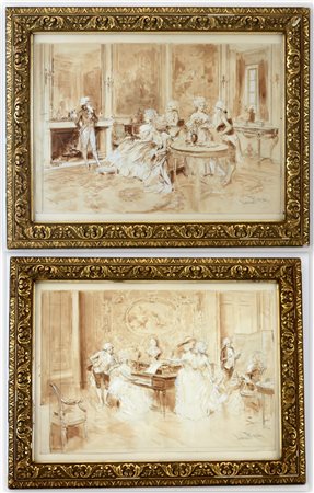 Lucius Rossi (Roma 1846 - Parigi 1913) "Interni ottocenteschi" coppia di...