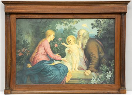 Piccola caminiera in noce con montanti a colonna contentente un'oleografia su...