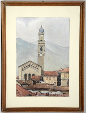Firma indecifrata Acquerello su carta raffigurante scorcio con campanile (cm...