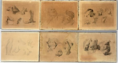 Lotto di sei antiche incisioni incollate su tela raffiguranti studi di...
