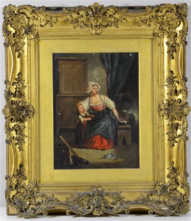 Ignoto "Mamma con bambina" olio su tavoletta (cm 32.5x23.5) Tracce di firma...