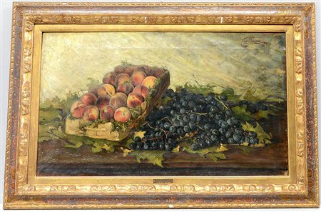Elio Ximenes "Pesche e uva" '95, olio su tela (cm 49x83) Firmato e datato in...