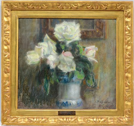 Giuseppe Mascarini (Bologna 1877 - Milano 1954) "Rose bianche" '21, pastello...