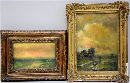 Pietro Piacenza (Racconigi 1879 - Cuneo 1964) "Tramonto con figure" due...