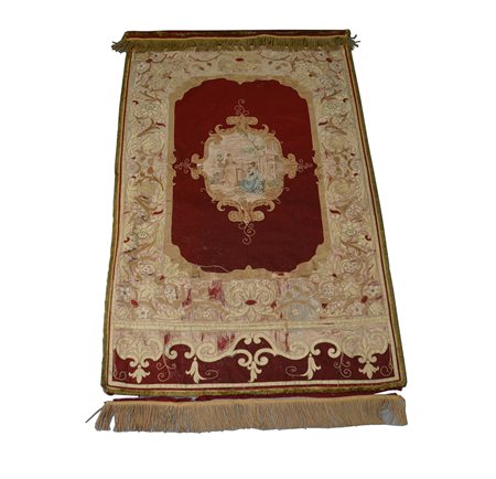 Arazzo in panno di lana con applicazioni in seta ricamata, al centro scena di...