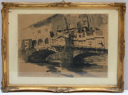 Firma indecifrata, "Firenze, ponte Vecchio", china nera su carta (cm 31x44)...