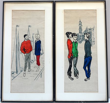 Ignoto, lotto di due serigrafie su tessuto raffiguranti ragazzi in...