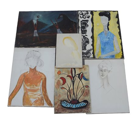 Lotto di dieci dipinti su tela di soggetto e dimensioni differenti (difetti)