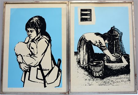 Mustapha Yehya Lotto di due serigrafie figurative su carta, p.d'a. (cm 70x50)...
