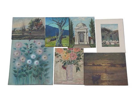 Lotto di dieci dipinti di soggetto, tecnica, supporto e misure differenti...