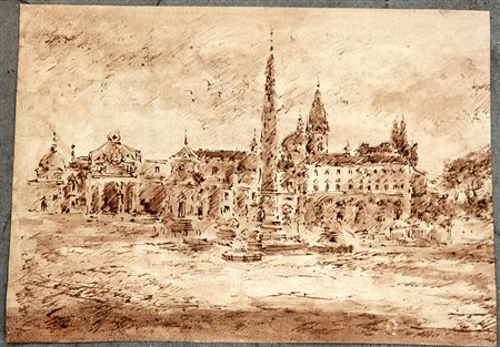 Maestro del Ricciolo "Scorcio di piazza con Abbazia", inchiostro su carta (cm...