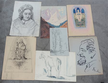 Lotto di numerosi disegni e acquerelli di soggetto e autori differenti (difetti)